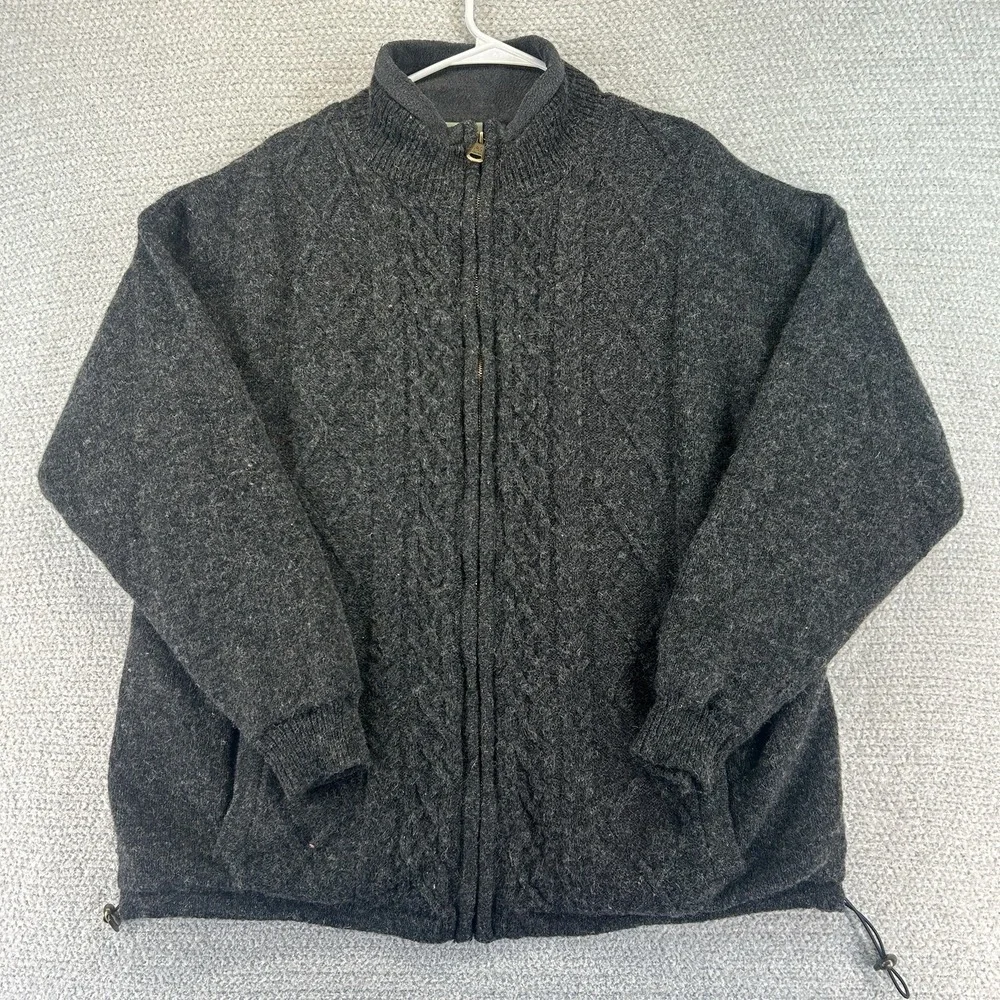 Aran Woollen Mills Full Zip Sweater Mens Large Gray Pure New Wool Cable Knit